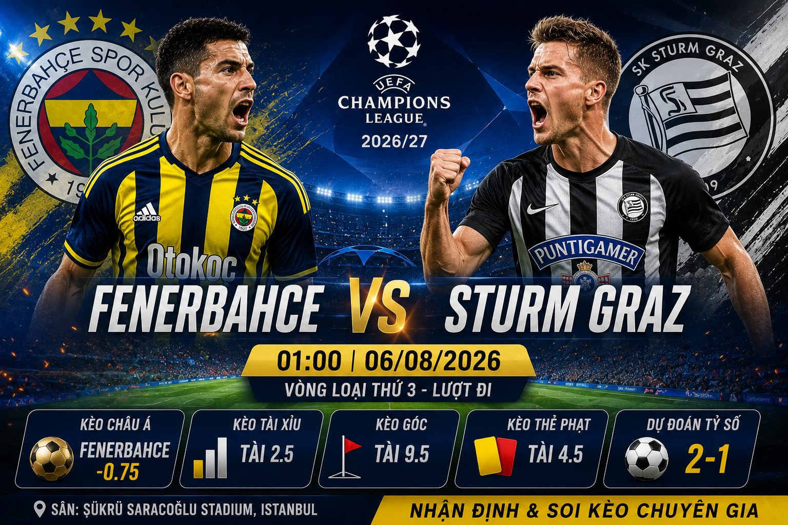 Soi kèo Fenerbahce vs Sturm Graz, 01h ngày 6/8 – Champions League 2026/27